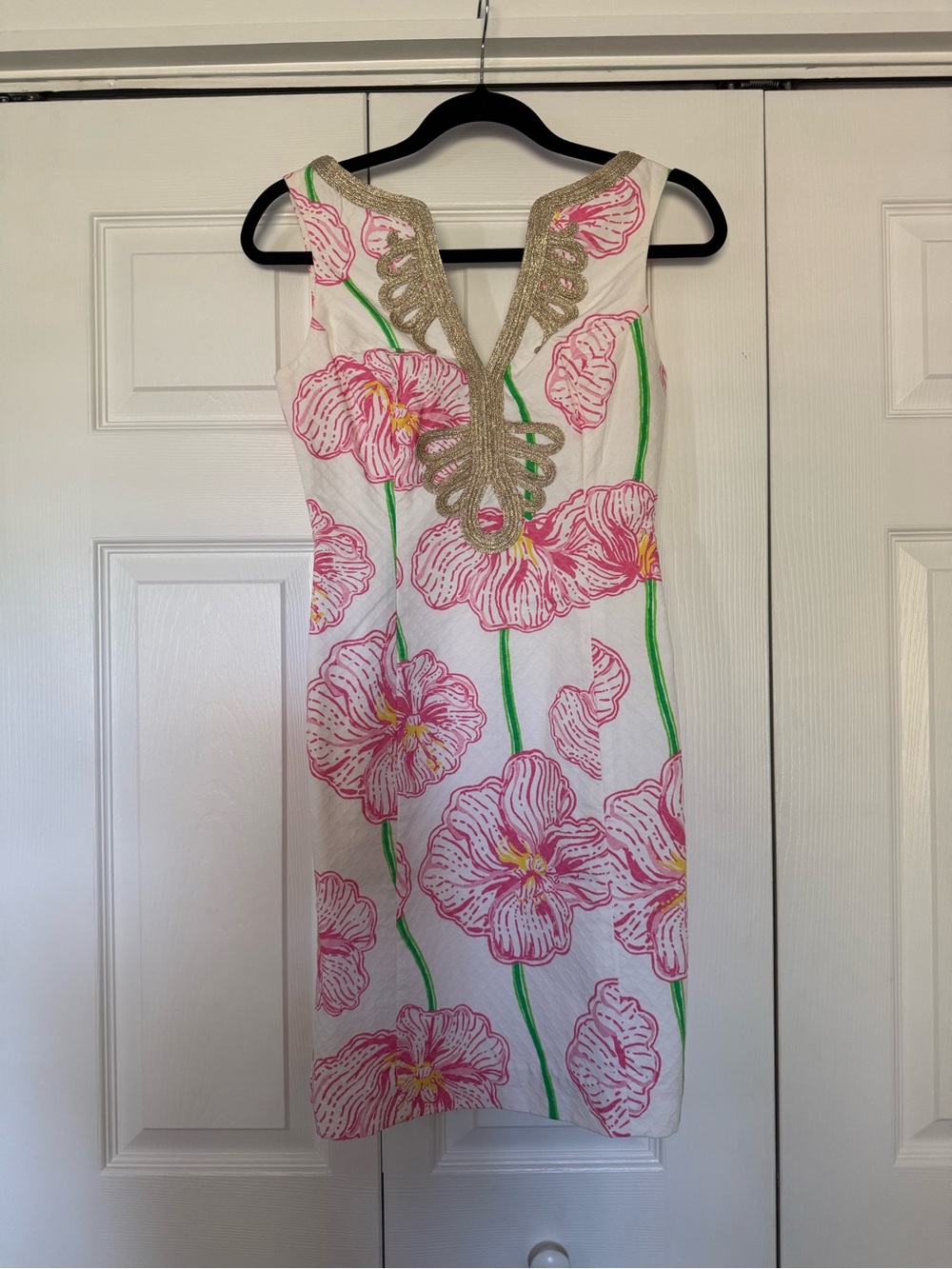 Lilly Pulitzer White Midi Dress with Pink Floral and Gold Trim